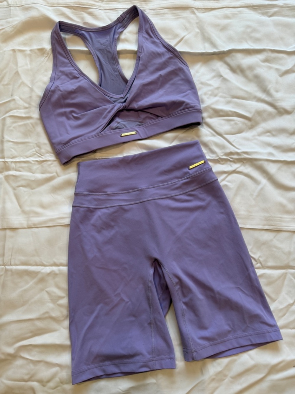 Gymshark Purple High-Waist Bike Shorts and Matching Sports Bra